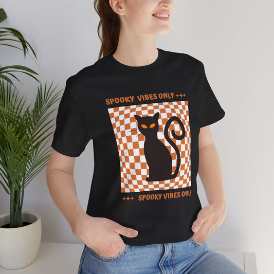 Spooky Vibes Only Checkered Cat  Halloween T-Shirt